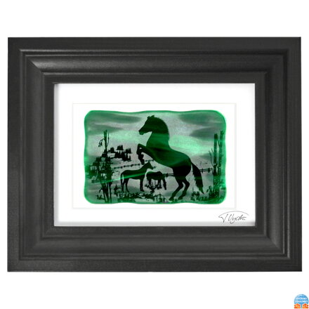 Koně - zelené vitrážové sklo v černém rámu 13 x 18 cm ( pasparta 10 x 15 cm )