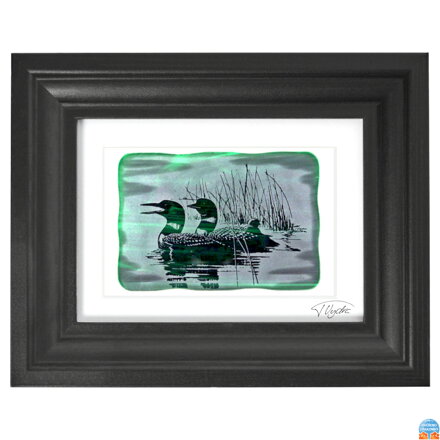 Potáplice, - zelené vitrážové sklo v černém rámu 13 x 18 cm ( pasparta 10 x 15 cm )