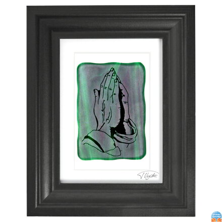 Modliace ruky - zelené vitrážové sklo v čiernom ráme 13 x 18 cm ( pasparta 10 x 15 cm )