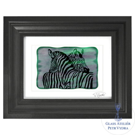 Zebra - grüne Glasmalerei in schwarzem Rahmen 13 x 18 cm (Passepart 10 x 15 cm)