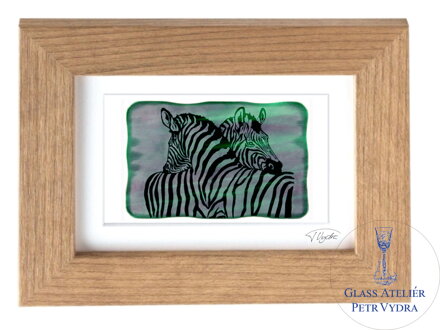 Zebra - grüne Glasmalerei in braunem Rahmen 13 x 18 cm (Passepartout 10 x 15 cm)