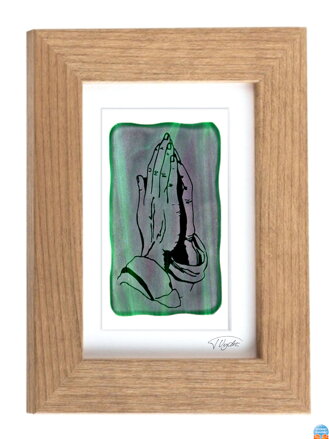 Modlící ruce - zelené vitrážové sklo v hnědém rámu 13 x 18 cm ( pasparta 10 x 15 cm )