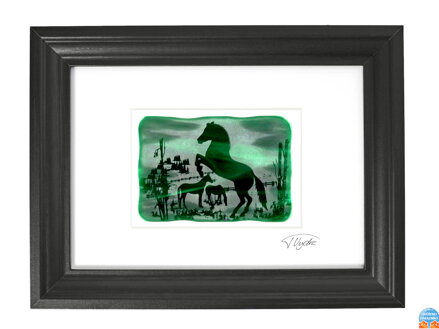 Koně - zelené vitrážové sklo v černém rámu 21 x 30 cm ( pasparta 13 x 18 cm )