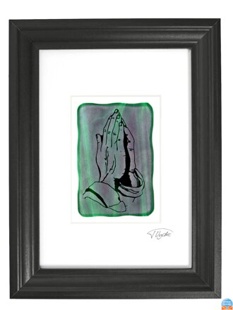 Betende Hände - grüne Glasmalerei in schwarzem Rahmen 21 x 30 cm (Passepartout 13 x 18 cm)