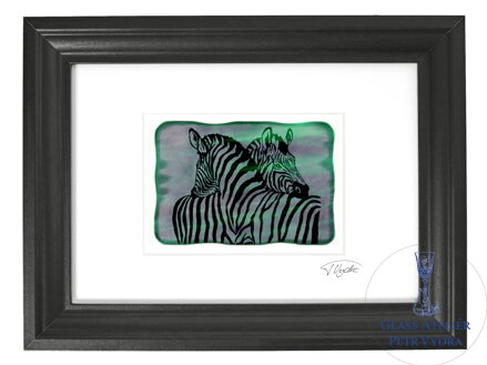 Zebra - zelené vitrážové sklo v černém rámu 21 x 30 cm ( pasparta 13 x 18 cm )