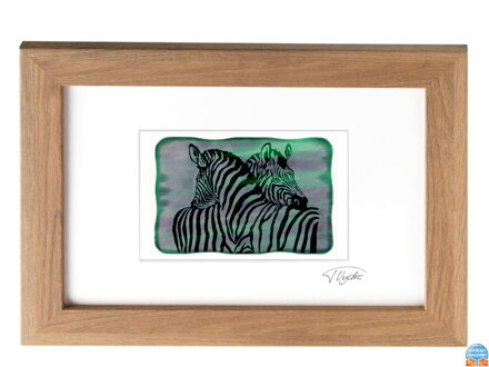 Zebra - zelené vitrážové sklo v hnědém rámu 21 x 30 cm ( pasparta 13 x 18 cm )