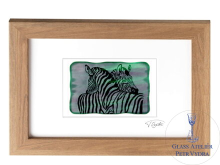 Zebra - zelené vitrážové sklo v hnědém rámu 21 x 30 cm ( pasparta 13 x 18 cm )