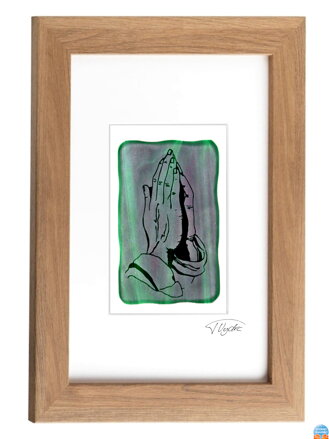Modlící ruce - zelené vitrážové sklo v hnědém rámu 21 x 30 cm ( pasparta 13 x 18 cm )
