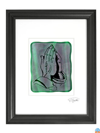 Modliace ruky - zelené vitrážové sklo v čiernom ráme 30 x 40 cm ( pasparta 21 x 30 cm )
