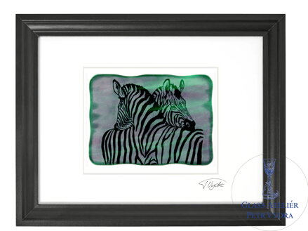 Zebra - grüne Glasmalerei in schwarzem Rahmen 30 x 40 cm (Passepartout 21 x 30 cm)