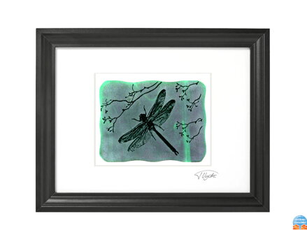 Vážka - zelené vitrážové sklo v černém rámu 30 x 40 cm ( pasparta 21 x 30 cm )