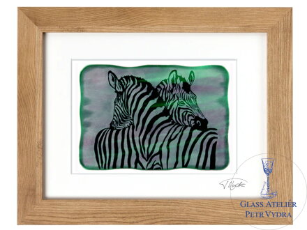 Zebra - grüne Glasmalerei in braunem Rahmen 30 x 40 cm (Passepartout 21 x 30 cm)