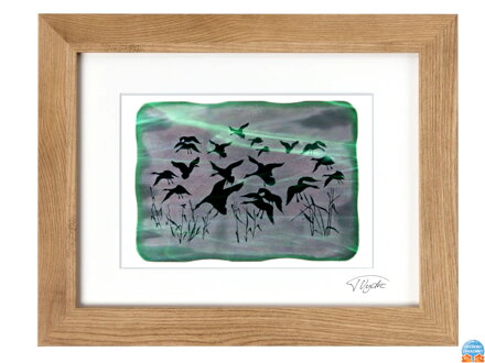 Gänse - grüne Glasmalerei in braunem Rahmen 30 x 40 cm (Passepartout 21 x 30 cm)