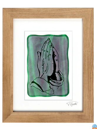 Modliace ruky - zelené vitrážové sklo v hnedom ráme 30 x 40 cm ( pasparta 21 x 30 cm )