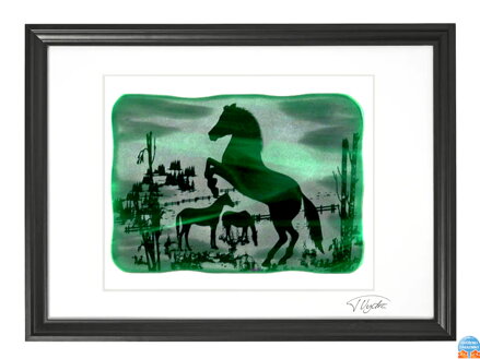 Koně- zelené vitrážové sklo v černém rámu 50 x 70 cm ( pasparta 40 x 50 cm )