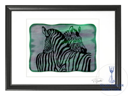 Zebra - zelené vitrážové sklo v černém rámu 50 x 70 cm ( pasparta 40 x 50 cm )