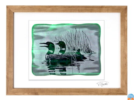 Potáplice, Loons - zelené vitrážové sklo v černém rámu 50 x 70 cm ( pasparta 40 x 50 cm )