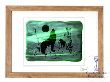 Wolf - grüne Glasmalerei in braunem Rahmen 50 x 70 cm (Passepartout 40 x 50 cm)