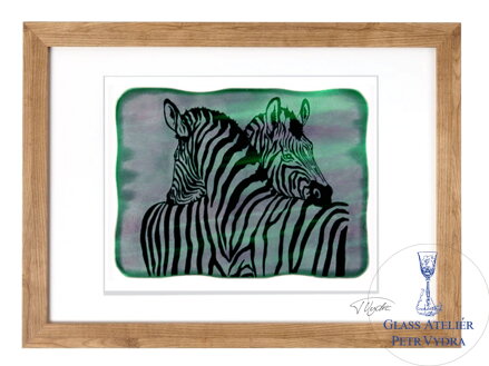 Zebra - grüne Glasmalerei in braunem Rahmen 50 x 70 cm (Passepartout 40 x 50 cm)