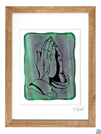 Modlící ruce - zelené vitrážové sklo v hnědém rámu 50 x 70 cm ( pasparta 40 x 50 cm )