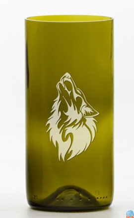 2ks Eko sklenice (z lahve od vína) velká olivová (16 cm, 7,5 cm) motiv Vlk