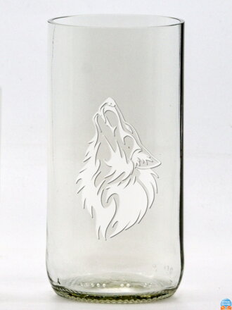 2ks Eko sklenice (z lahve od piva) velká čirá (13 cm, 6,5 cm) Motiv Vlk