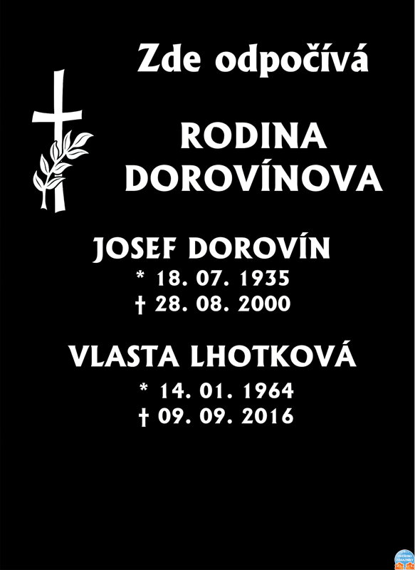 V12. Černá náhrobní skleněná deska s křížem a nápisem "Zde odpočívá", křížem a jmény - 30 x 41 cm