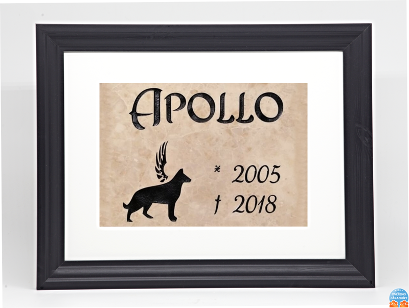 Pietní zvířecí pomníček - glazurovaná dlaždice v rámu 30 x 40 cm (pasparta 21 x 30 cm), silueta psa černá, nápis černý