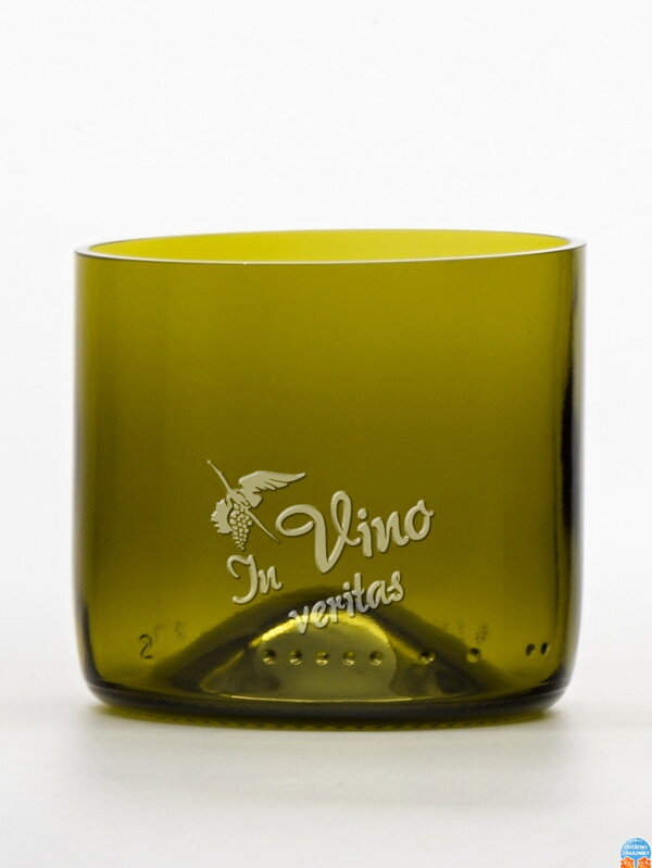 2 St. Öko-Gläser (aus einer Weinflasche) Mini-Olive (7 cm, 7,5 cm) Moldawischer Storch - In vino veritas