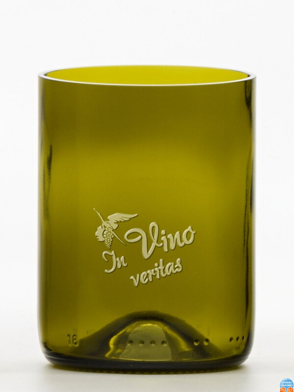 2ks Eko sklenice (z lahve od vína) malá olivová (10 cm, 7,5 cm) Moldavský čáp - In vino veritas