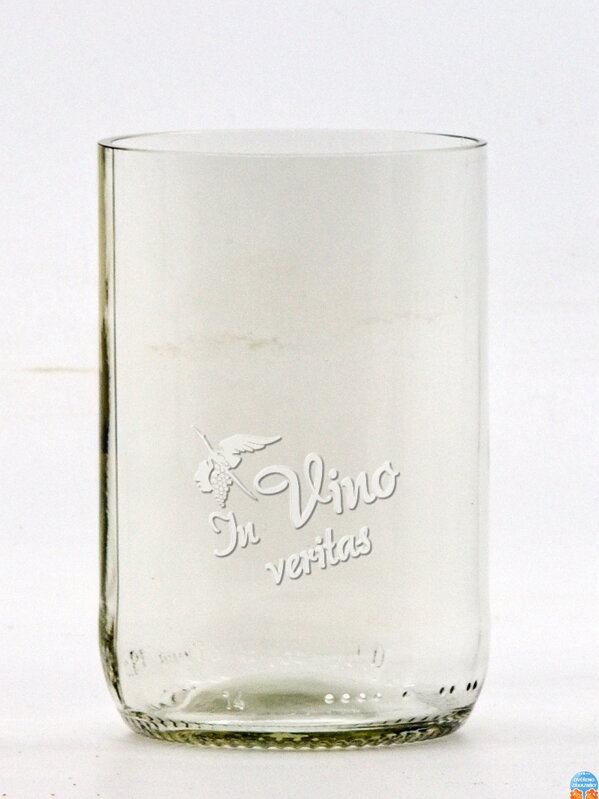 2ks Eko sklenice (z lahve od piva) střední čirá (10 cm, 6,5 cm) Moldavský čáp - In vino veritas