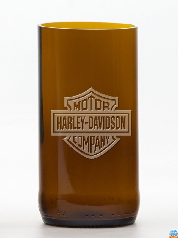 2ks Eko sklenice (z lahve od piva) velká hnědá (13 cm, 6,5 cm) Harley Davidson