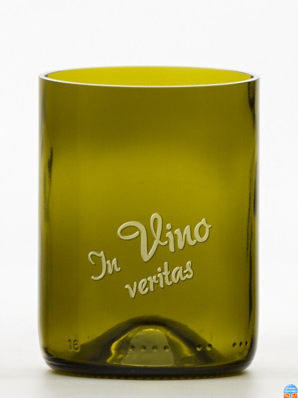 2ks Eko sklenice (z lahve od vína) malá olivová (10 cm, 7,5 cm) In vino veritas