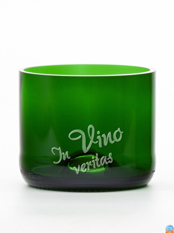2ks Eko sklenice (z lahve od šampusu) malá zelená (7 cm, 7,5 cm) In vino veritas