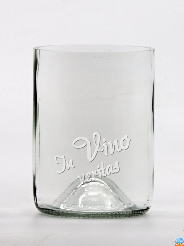 2ks Eko sklenice (z lahve od vína) malá čirá (10 cm, 7,5 cm) In vino veritas