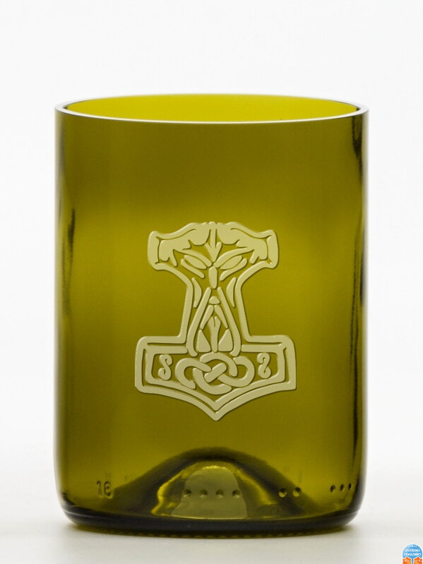 2ks Eko sklenice (z lahve od vína) malá olivová (10 cm, 7,5 cm) Thorovo kladivo