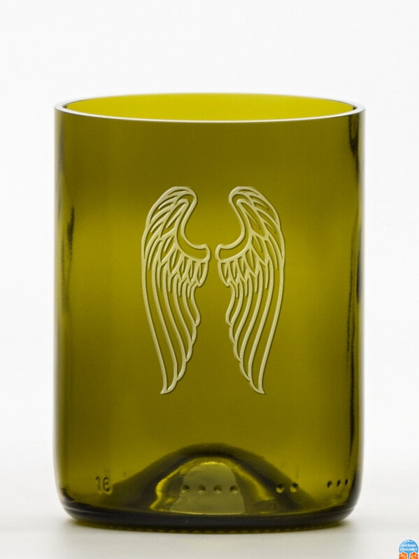 2ks Eko sklenice (z lahve od vína) malá olivová (10 cm, 7,5 cm) Andělská křídla
