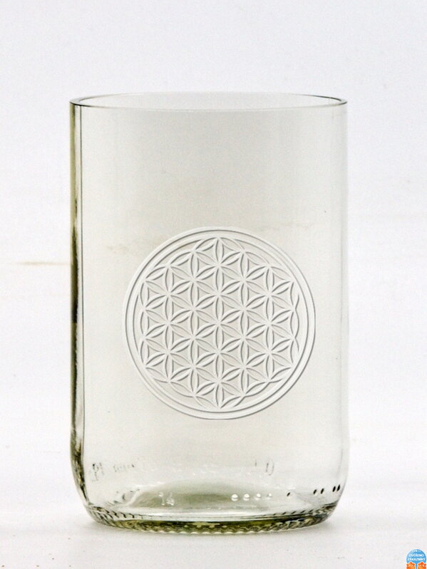 2 Stück Öko-Gläser (aus einer Bierflasche) mittelklar (10 cm, 6,5 cm) Motiv Blume des Lebens