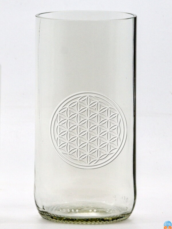 2 Stück Öko-Gläser (aus einer Bierflasche) groß klar (13 cm, 6,5 cm) Motiv Blume des Lebens