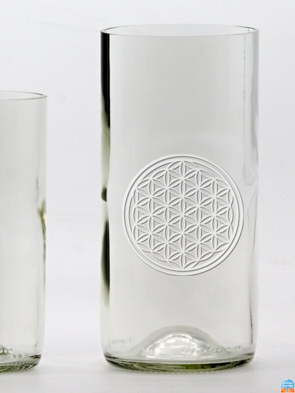 2ks Eko sklenice (z lahve od vína) velká čirá (16 cm, 7,5 cm) Motiv Květ života