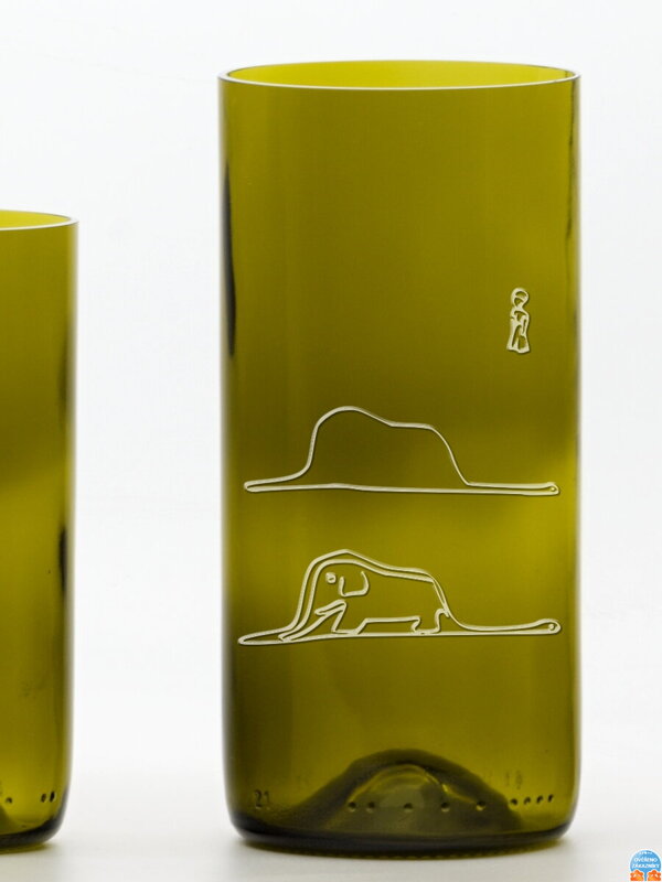 2ks Eko poháre (z fľaše od vína) stredná olivová (13 cm, 7,5 cm) Malý princ a hroznýš