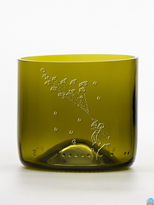 2ks Eko poháre (z fľaše od vína) mini olivová (7 cm, 7,5 cm) Malý princ - Leť!
