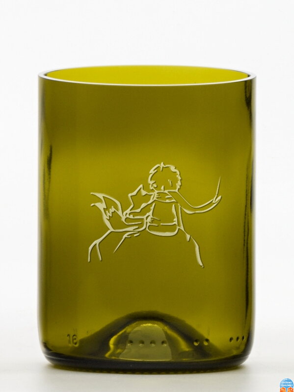 2ks Eko sklenice (z lahve od vína) malá olivová (10 cm, 7,5 cm) Malý princ a liška