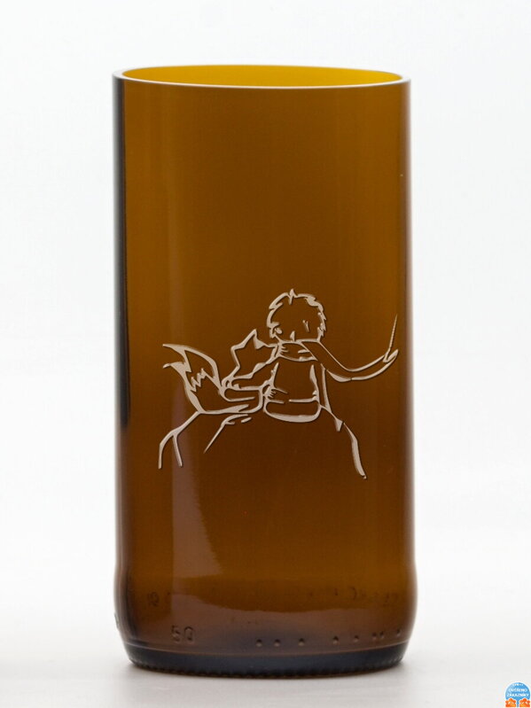 2ks Eko sklenice (z lahve od piva) velká hnědá (13 cm, 6,5 cm) Malý princ a liška