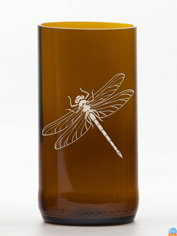 2 St. Öko-Gläser (aus einer Bierflasche) groß braun (13 cm, 6,5 cm) Libelle