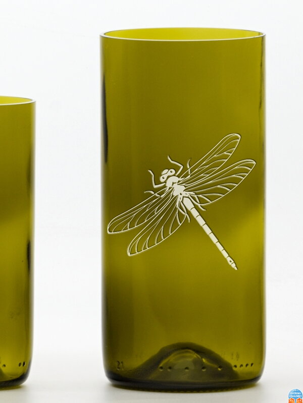 2 St. Öko-Gläser (aus einer Weinflasche) große Olive (16 cm, 7,5 cm) Libelle