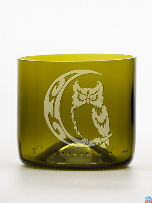 2ks Eko sklenice  (z lahve od vína) mini olivová (7 cm, 7,5 cm) Sova