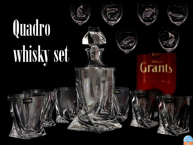 Quadro whisky set - 1x karafa (850 ml) a 6x poháre (340 ml) s 7x s rybami 