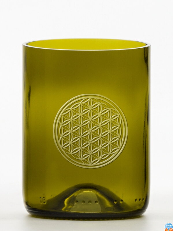 2ks Eko sklenice (z lahve od vína) malá olivová (10 cm, 7,5 cm) Motiv Květ života