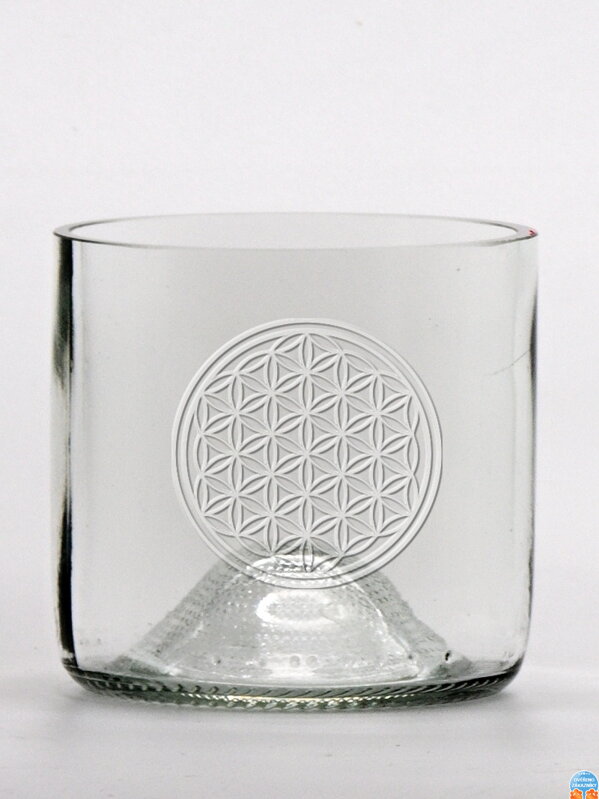 2 Stück Öko-Gläser (aus einer Weinflasche) Mini klar (7 cm, 7,5 cm) Motiv Blume des Lebens